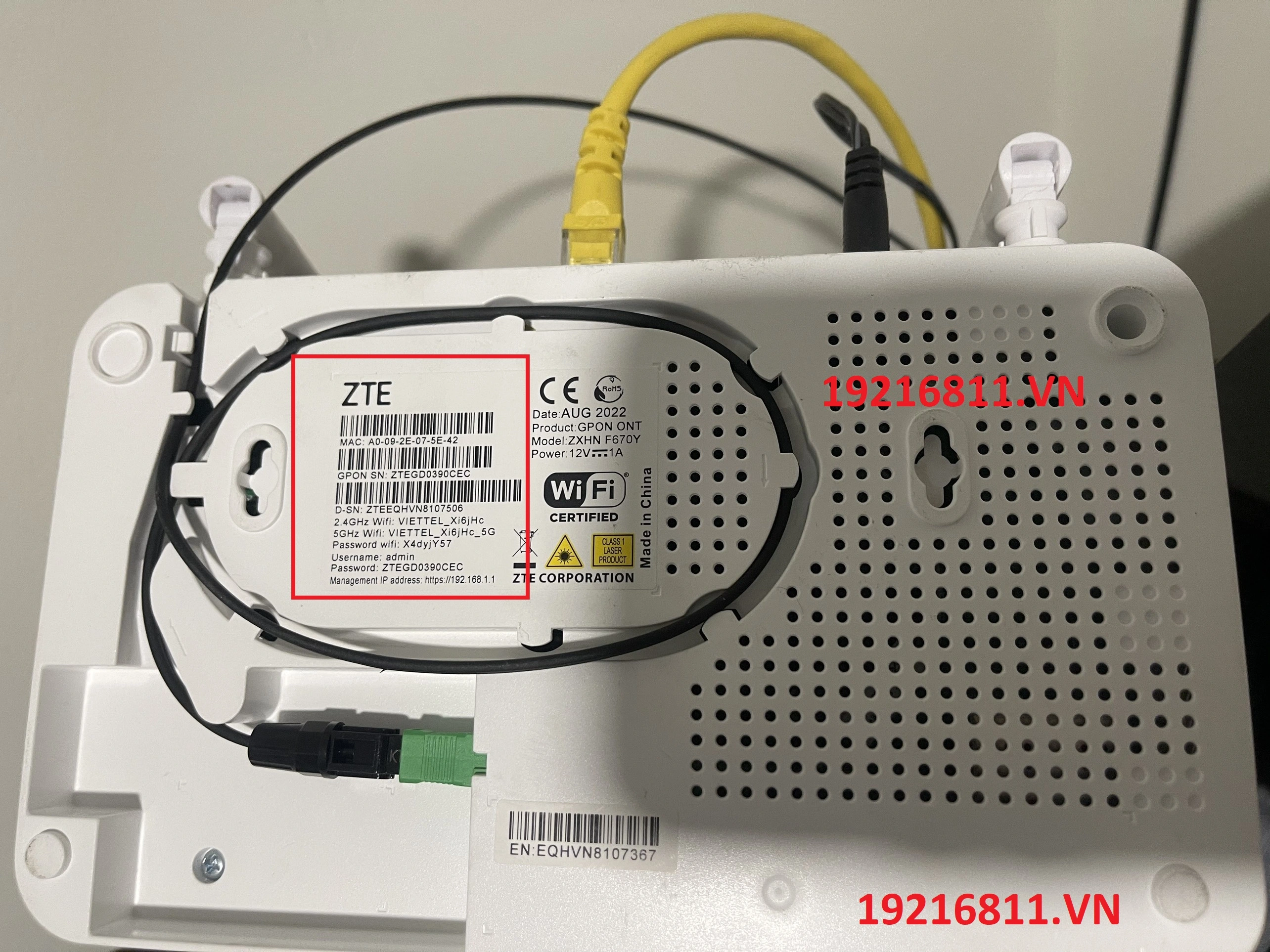 Tem modem ZTE F670Y hiển thị địa chỉ quản trị 192.168.1.1